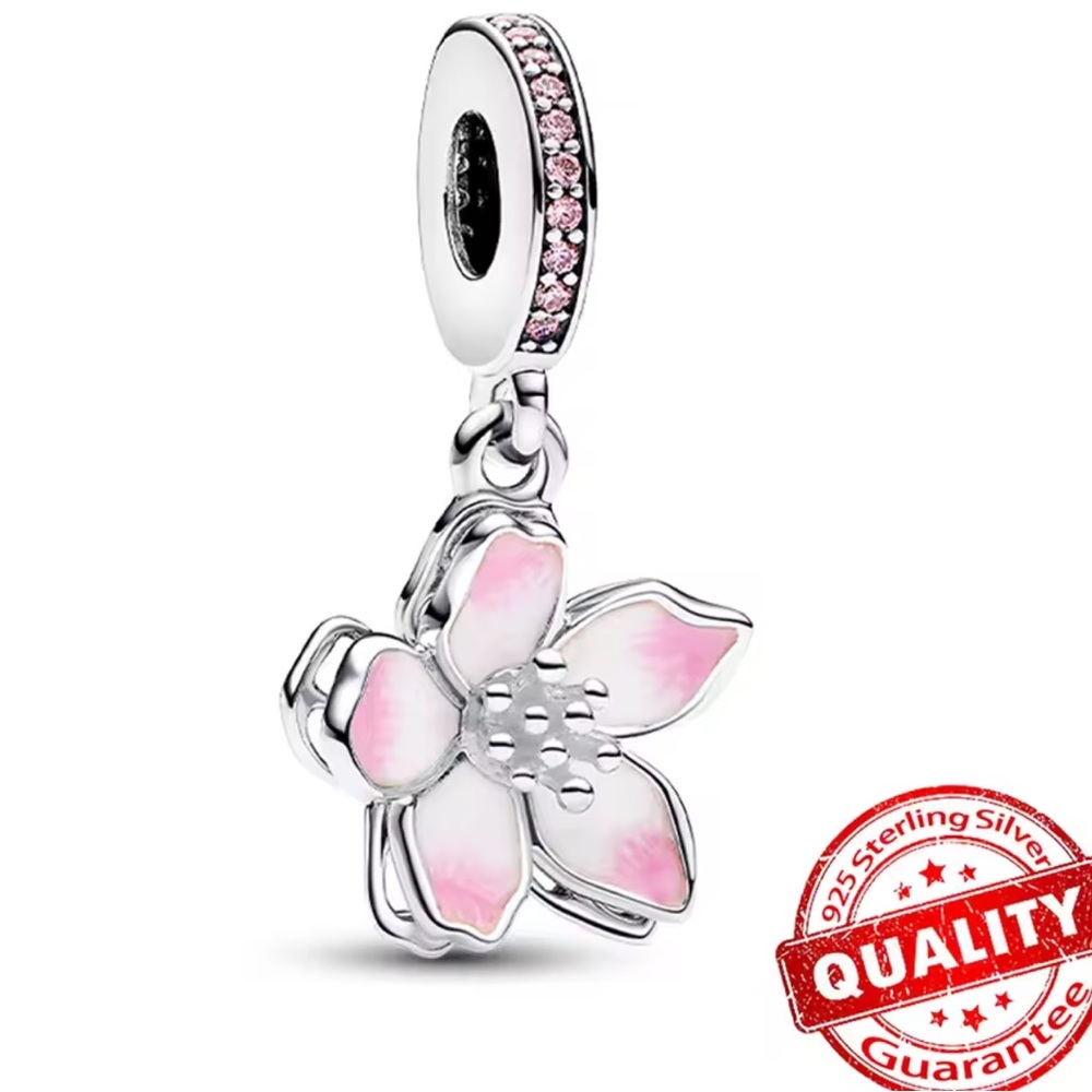 Silver Cherry Blossom Dangle Charm – Floral Enamel Petal Charm